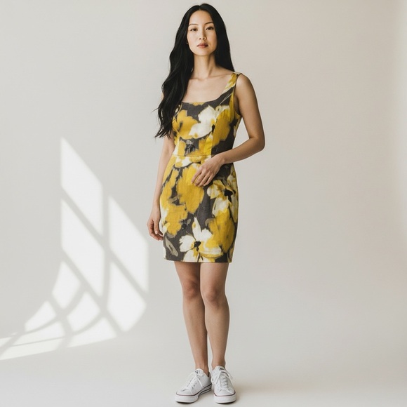 Eliza J Dresses & Skirts - Summer Mini Dress Eliza J Floral Yellow, Gray and White Dress size 12